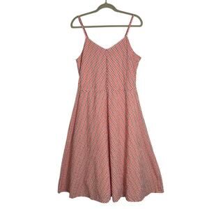 LL Bean Signature Midi Dress Women's Size 14 Plaid Red White Lined Cotton Casual